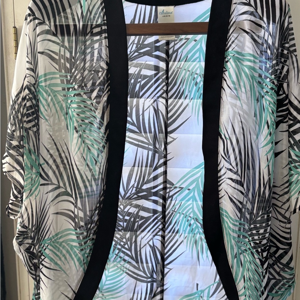 Catalina Black and Green Leaf Kimono cover up large 12/14